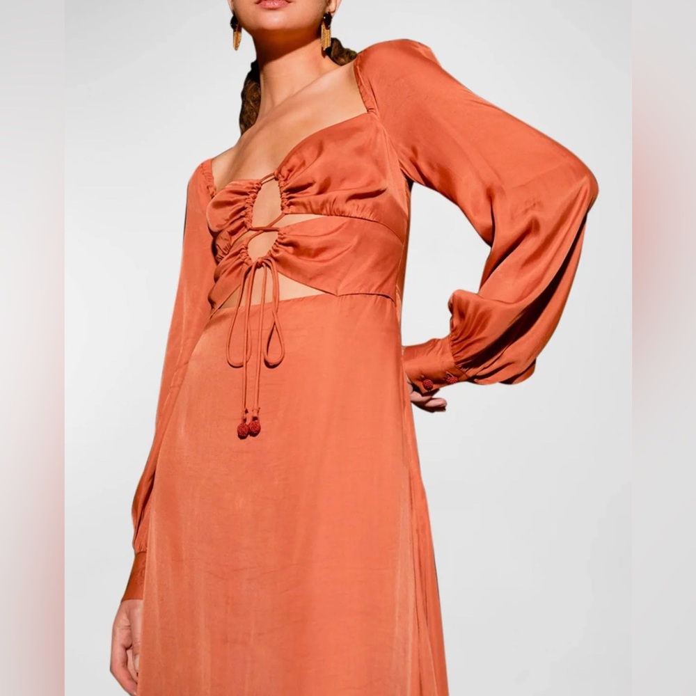 Farm Rio Caramel Cutout Front-Tie Satin Midi Dress In Orange Size XL NEW